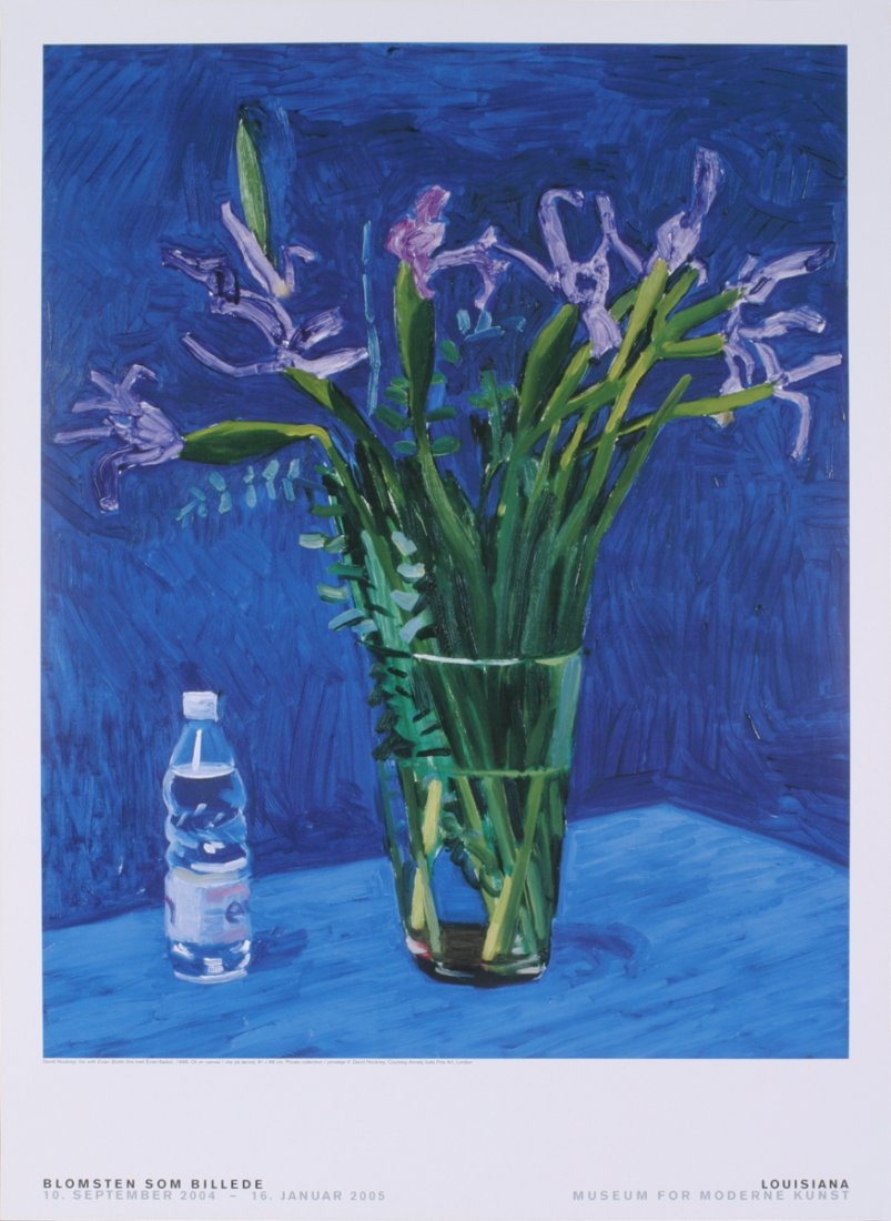 2005 Hockney Iris with Evian bottle Poster: Reference #: ULCB5004 Artist Name: Hockney, David Title: Iris with Evian bottle Medium: Offset Lithograph Edition Size: Unknown Year: 2005 Paper Size: 33.25 x 24.25 inches Image Size: 27.75 x 22 inche