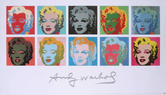 1997 Warhol 10 Marilyns on White Background Poster: Reference #: ULNR0150 Artist Name: Warhol, Andy Title: 10 Marilyns on White Background Medium: Offset Lithograph Edition Size: 1500 Year: 1997 Paper Size: 31.5 x 54.75 inches Image Size: 19.75 x 50.5