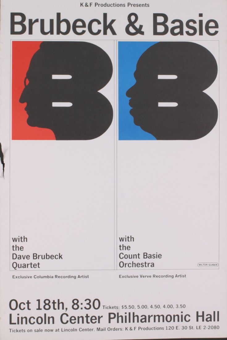 Glaser Brubeck and Basie Lithograph: Reference #: ULEF9866 Artist Name: Glaser, Milton Title: Brubeck and Basie Medium: Lithograph Edition Size: Unknown Year: Unknown Paper Size: 38 x 25 inches Image Size: 38 x 25 inches Condition: B: Ve