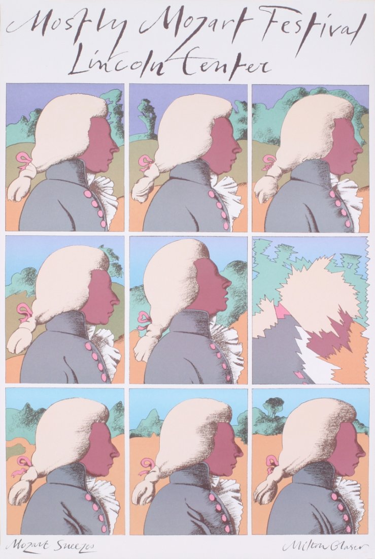 Glaser Mozart Sneezes Poster: Reference #: ULEF5936 Artist Name: Glaser, Milton Title: Mozart Sneezes Medium: Offset Lithograph Edition Size: Unknown Year: Unknown Paper Size: 36 x 24 inches Image Size: 29 x 23.75 inches Condition