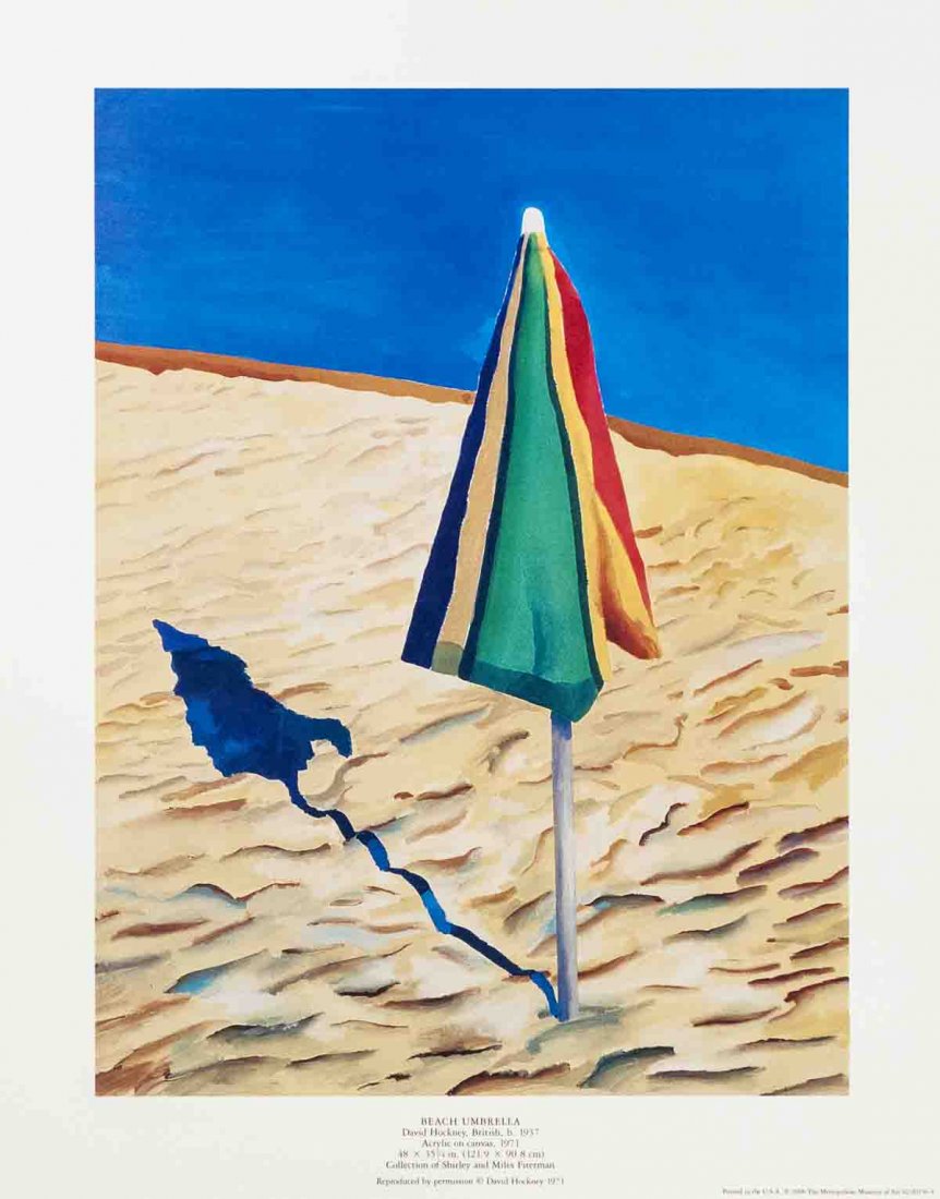 1988 Hockney Beach Umbrella Poster: Reference #: ULYY0036 Artist Name: Hockney, David Title: Beach Umbrella Medium: Offset Lithograph Edition Size: Unknown Year: 1988 Paper Size: 14 x 11 inches Image Size: 11.5 x 8.75 inches Condition: 