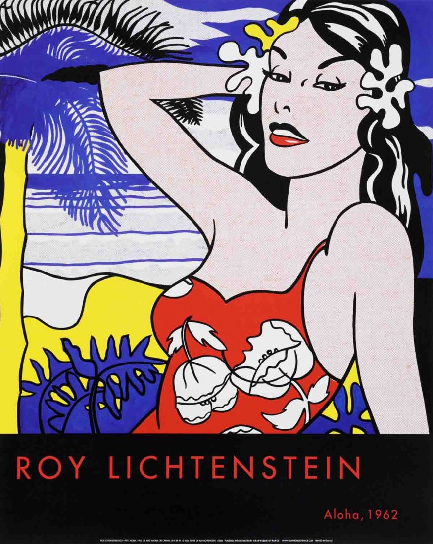 2004 Lichtenstein Aloha Poster: Reference #: ULYY0012 Artist Name: Lichtenstein, Roy Title: Aloha Medium: Offset Lithograph Edition Size: Unknown Year: 2004 Paper Size: 19.5 x 15.75 inches Image Size: 15.5 x 15.75 inches Condition: 