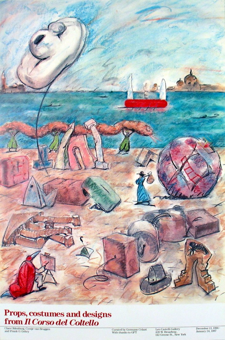 50 Oldenburg Props, Costumes & Designs Posters: This is a pack of 50 Offset Lithographs by Oldenburg, titled "Props, Costumes & Designs from Il Corso del Coltello". The overall size of each Offset Lithograph measures 39 x 26 inches. The Offset Lith