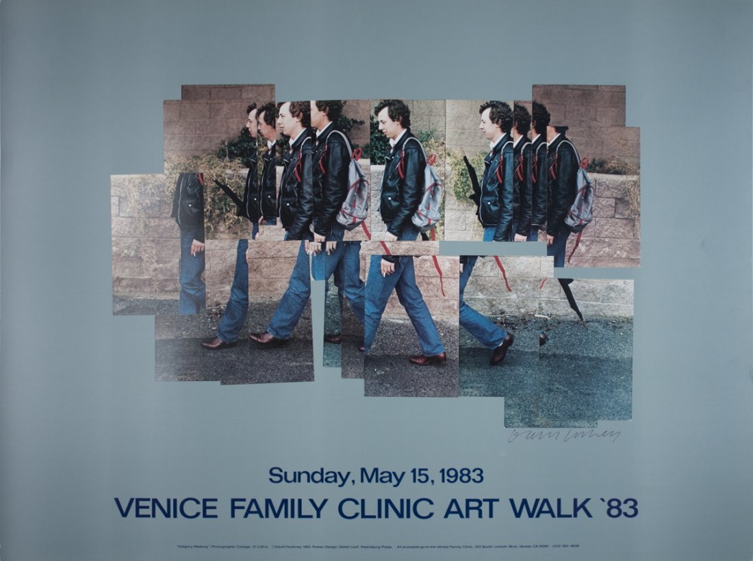 Signed 1983 Hockney Gregory Walking Poster: Reference #: ULAW1269-B Artist Name: Hockney, David Title: Gregory Walking Medium: Offset Lithograph Edition Size: Unknown Year: 1983 Paper Size: 25.25 x 33.5 inches Image Size: 18 x 24 inches Conditi