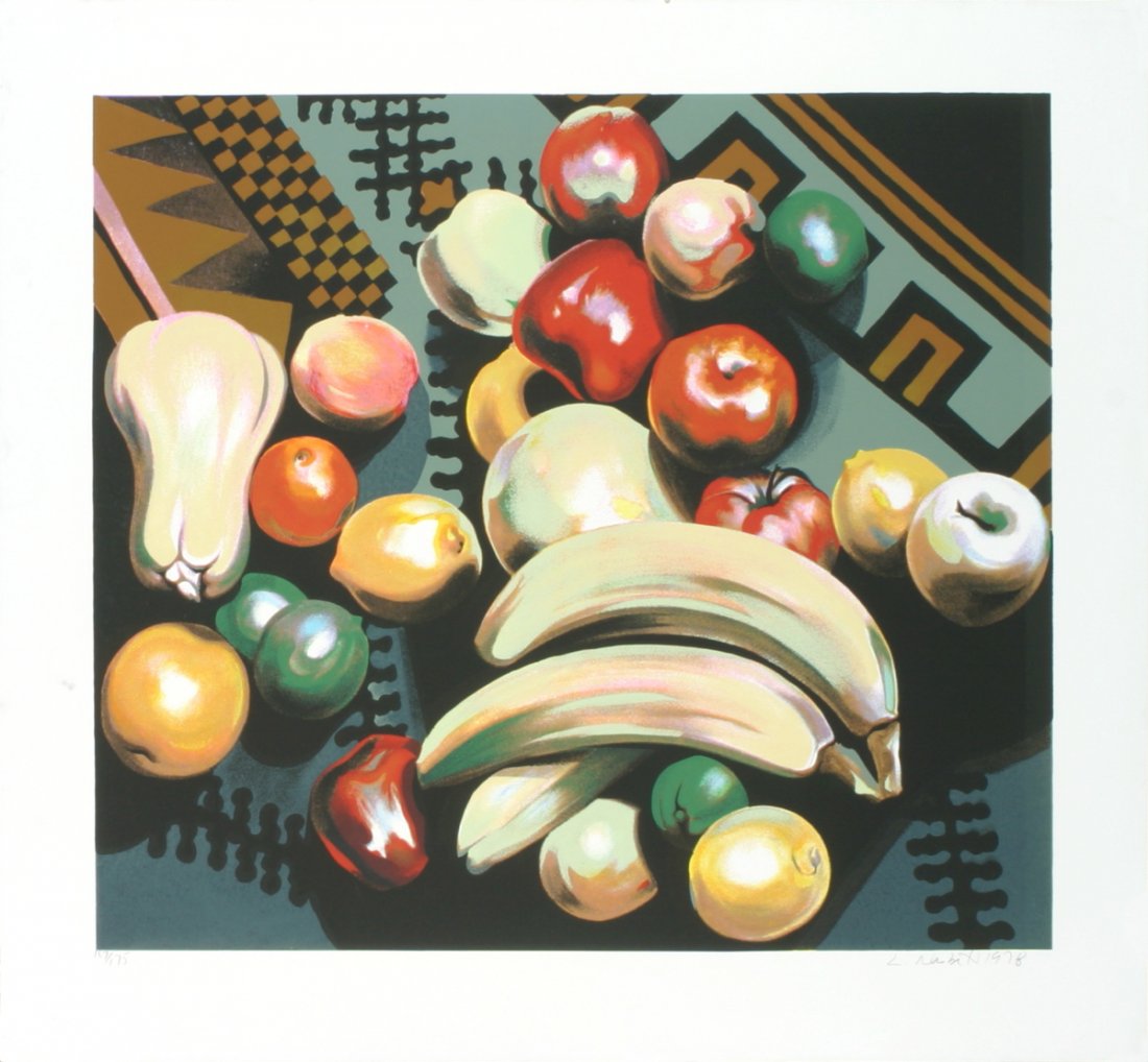 Signed 1978 Nesbitt Fruits Still Life Serigraph: Reference #: ULXX9728-B Artist Name: Nesbitt, Lowell Title: Fruits Still Life Medium: Serigraph Edition Size: 175 Year: 1978 Paper Size: 33 x 35.75 inches Image Size: 26.5 x 29.75 inches Condition: C: