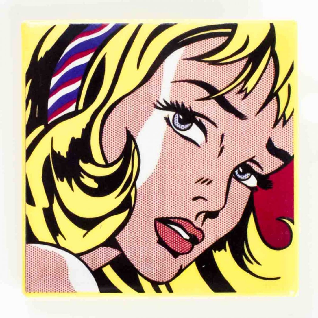 Lichtenstein Girl with Hair Ribbon: Reference #: ULRM00021 Artist Name: Lichtenstein, Roy Title: Girl with Hair Ribbon Medium: Button Edition Size: Unknown Year: Unknown Size: 2.25 x .25 x 2.25 inches Condition: A: Mint Notes: Square bu