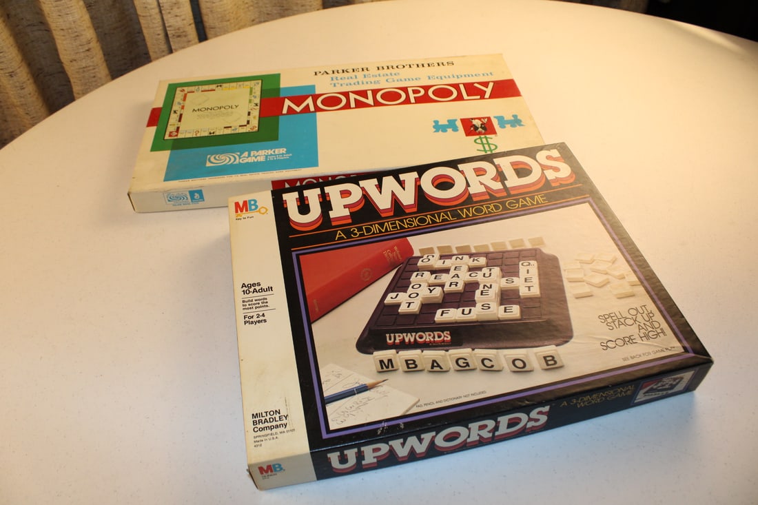 Vintage Monopoly and UpWords circa 1960: Vintage Monopoly and UpWords circa 1960 with pieces and parts