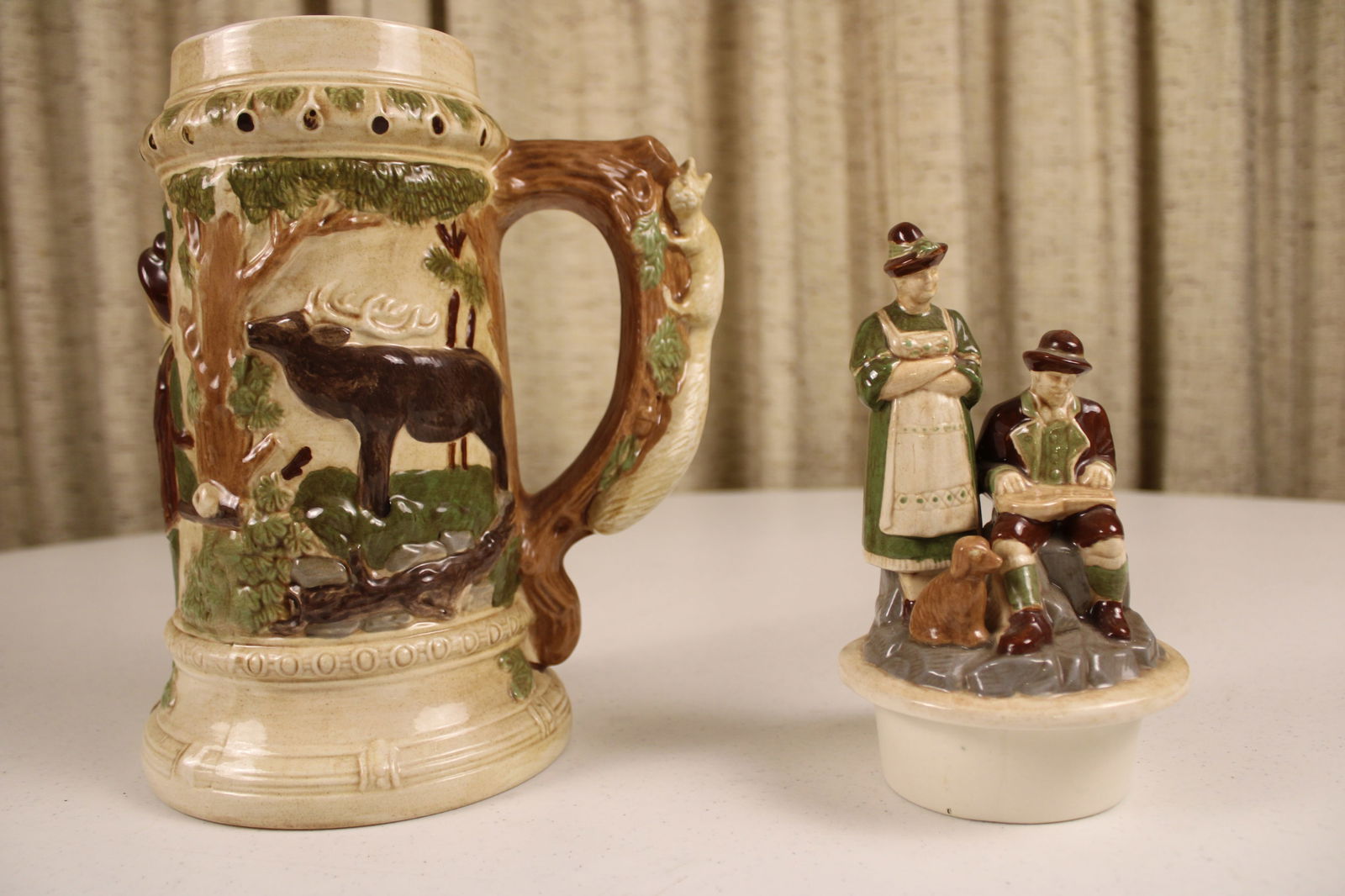 Hand Made Stein Ceramic: Gorgeous Hand Made Stein with animals and people Inscribed “Ma” Howard 1982