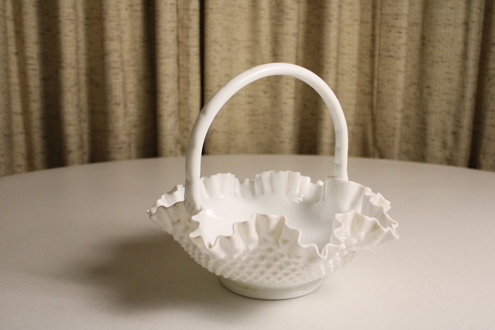 Vintage Milk Glass Basket: Vintage Fenton Hobnail Large White 12" Milk Glass Handled Ruffled Edge Basket