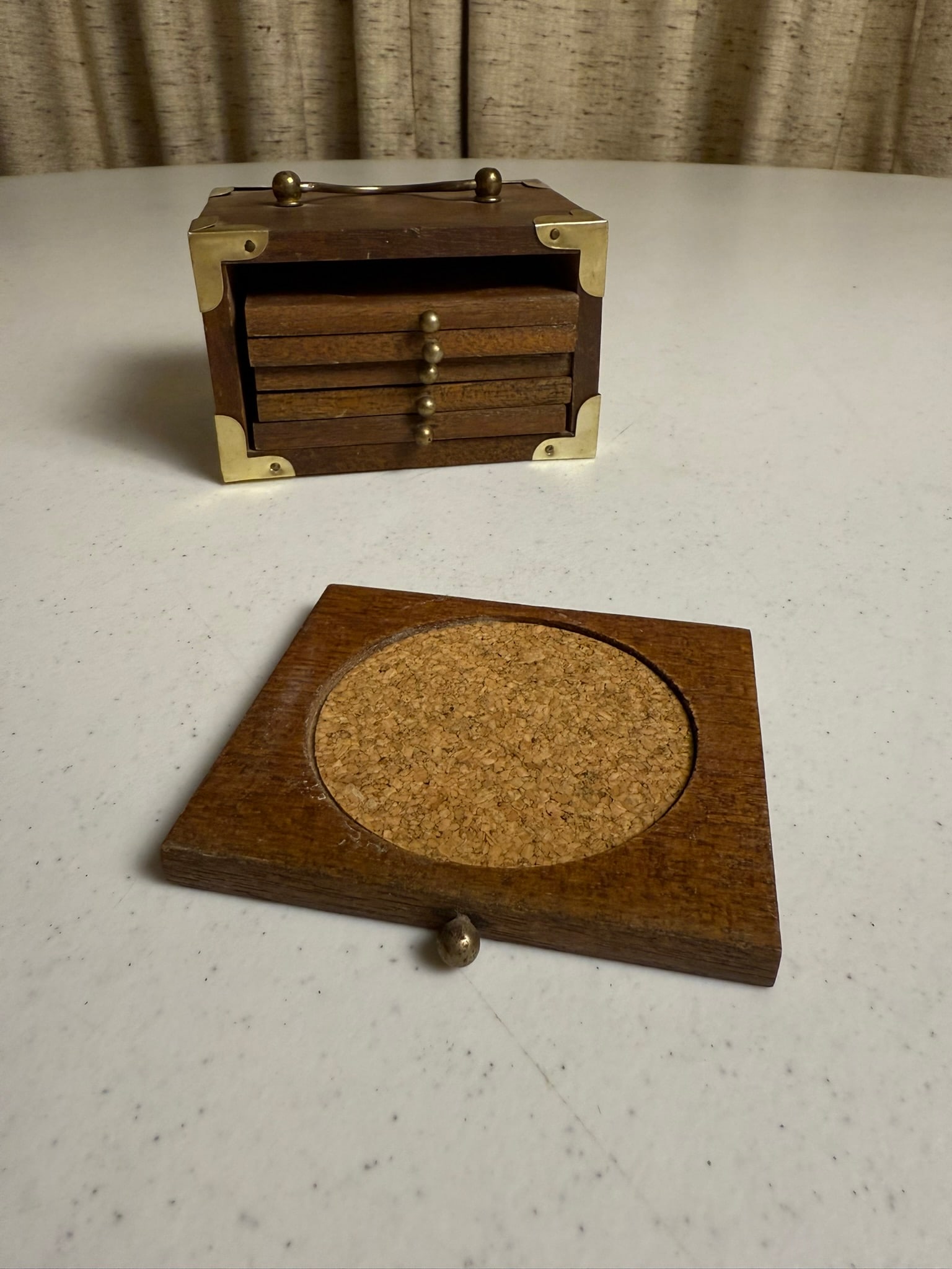 Set of Six Wood Cork Coasters: Set of Six Wood Brass and Cork Coasters, Vintage in holder. In acceptable pre-owned condition. Would be perfect for the crafty person to upcycle into something new.