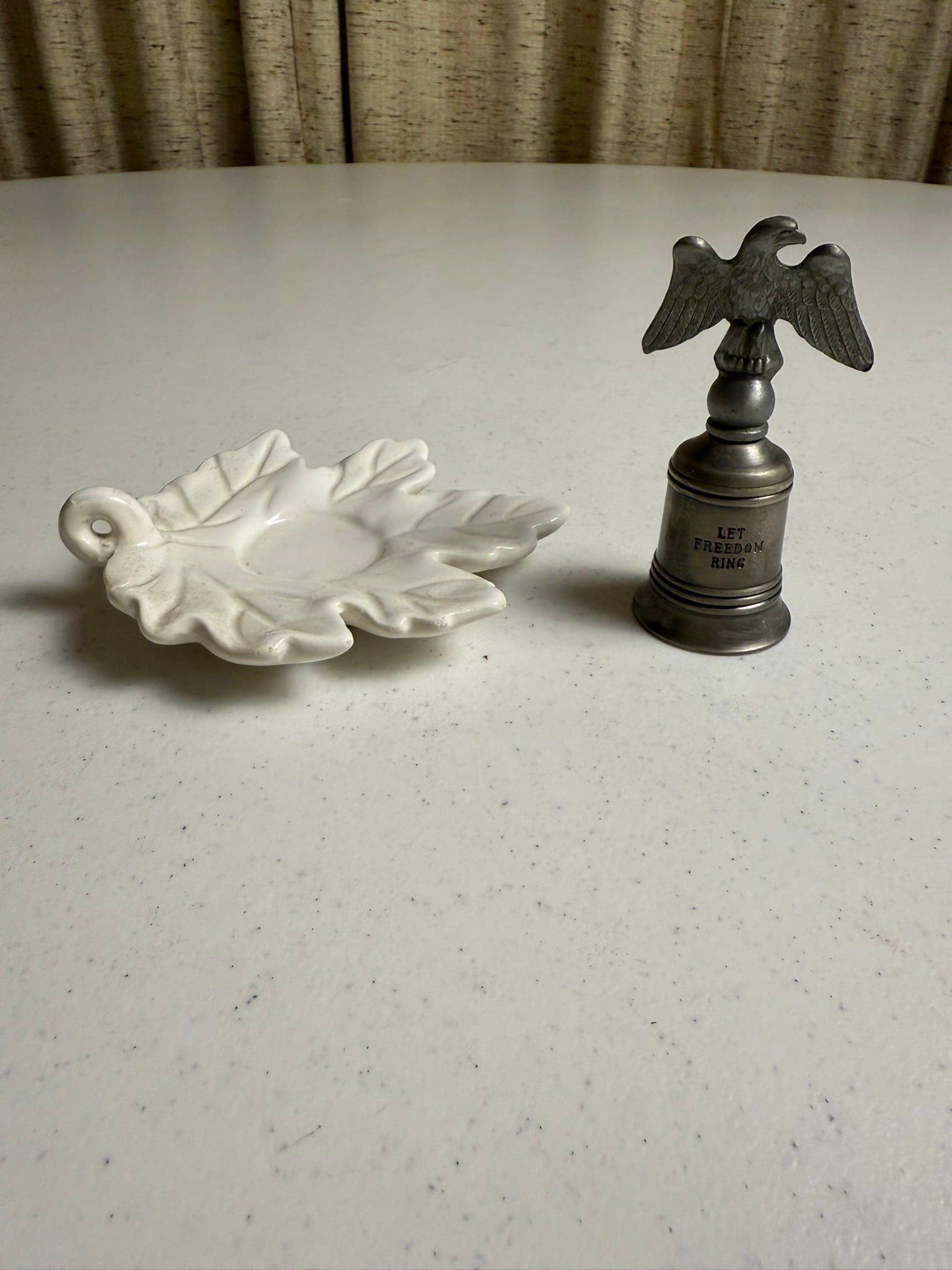 Pewter Eagle Bell: White porcelain fall leaf tea light holder and pewter eagle bell engraved “Let Freedom Ring”