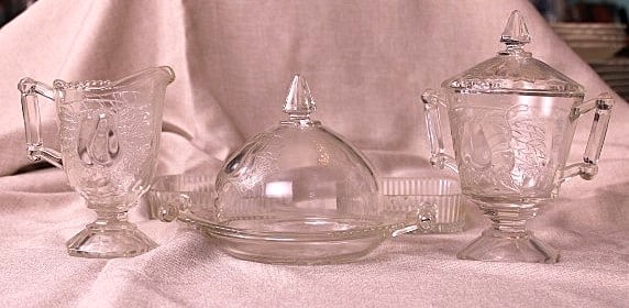 Jeannette Glass Baltimore Pear Butter Dish Creamer Sugar Set