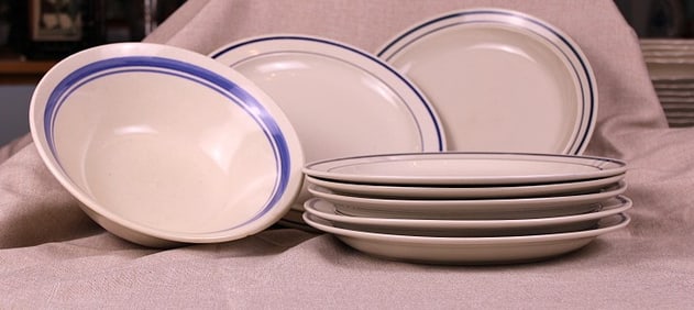 Century Stoneware Cobalt Blue Bands 7 Plates with Serving Bowl