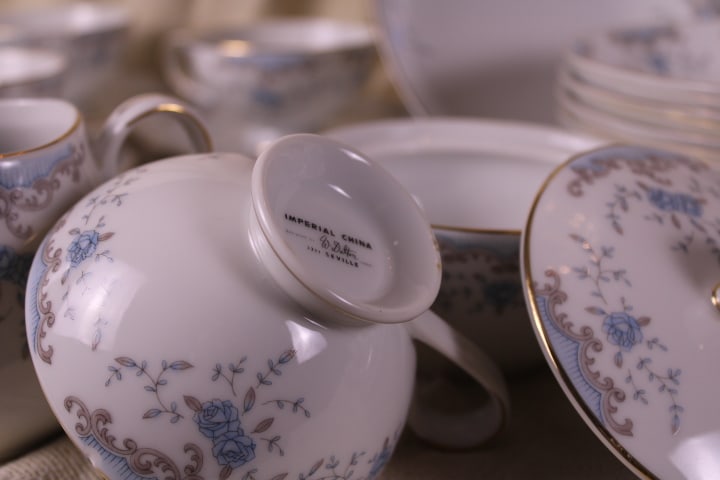 Imperial China W Dalton Seville: Imperial China designed by W Dalton Seville Complete Set Service for 8 5303 SEVILLE 16” Serving Platter with original Box 12” Buffet Server with original Box 8 tea cups in fair condition,