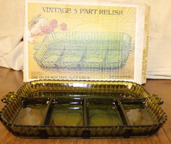 Vintage Indiana Glass Co Olive Green Glass Original Box