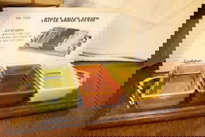 Vintage Olive Mustard Brown Triple Snack Server