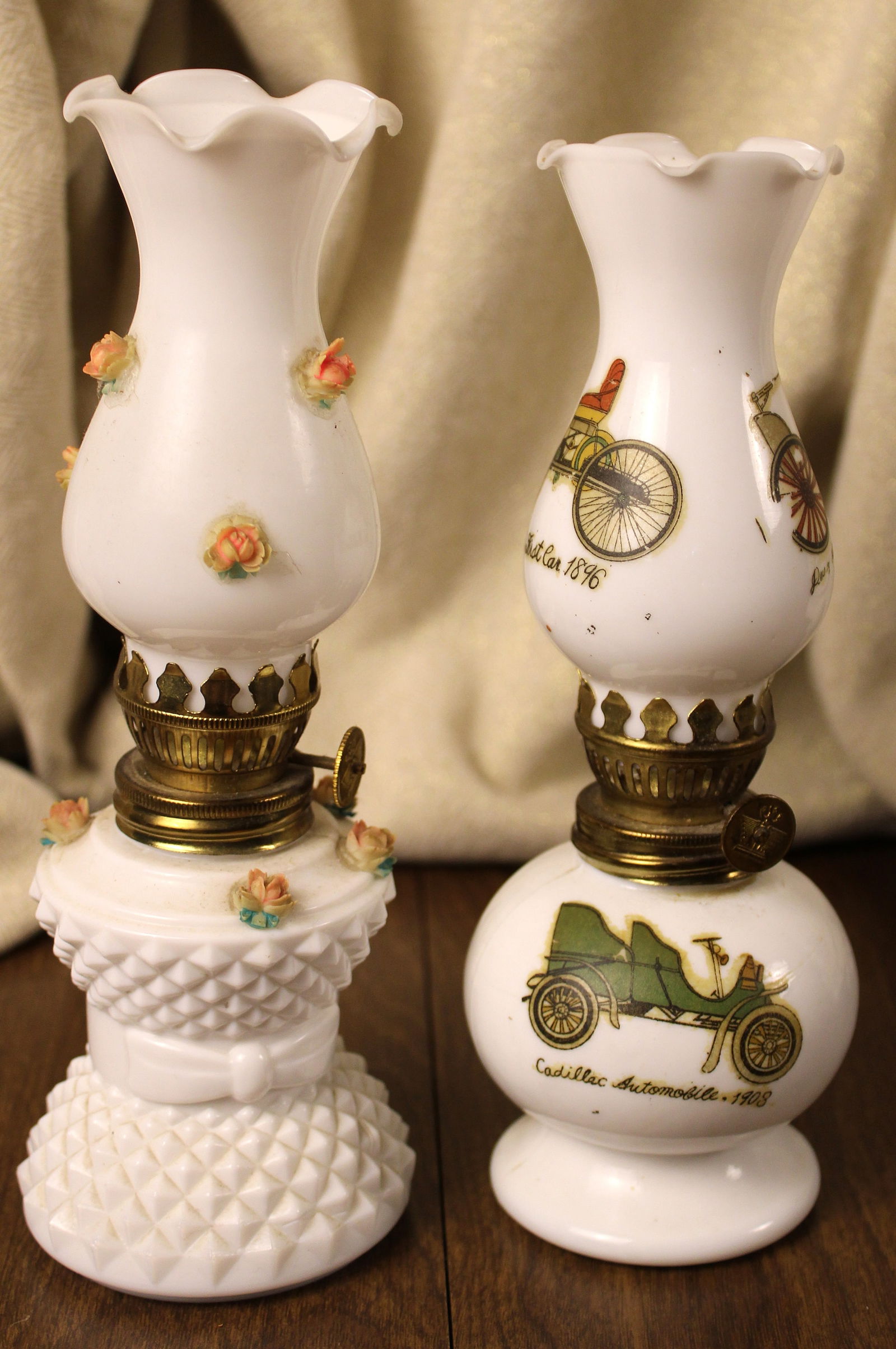 Porcelain Miniature Kerosene Lanterns: Porcelain Miniature Kerosene Lanterns Rosette Embellished Miniature Kerosene Lantern has a porcelain base with miniature pink 3-D rosettes on globe and top edge of the base. Diamond edge on top and bo