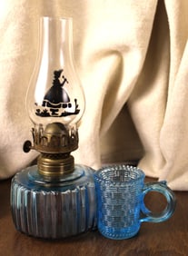 Blue Glass Mini Finger Lantern  Match Basket