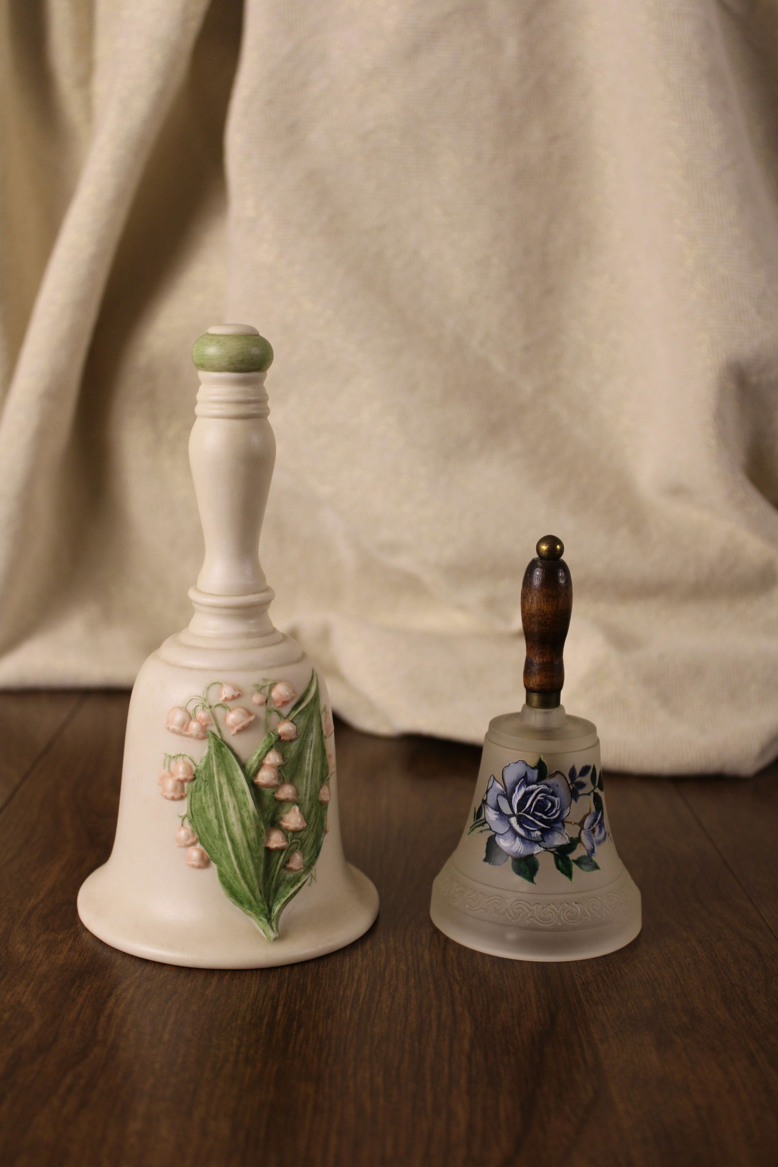 Flower Collectible Bells: Sweet pea ceramic bell hand painted Frosted glass blue rose bell with wooden handle and brass accent upper inside of the bell is stamped made in England