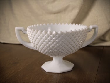 Westmoreland Glass Milk Glass English Hobnail Sawtooth Rim Trophy Compote Pedestal Bowl