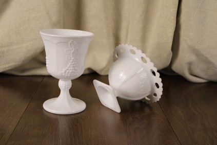Indiana Glass Milk Glass Lorraine Candy Dish Colony Harvest Water Goblet