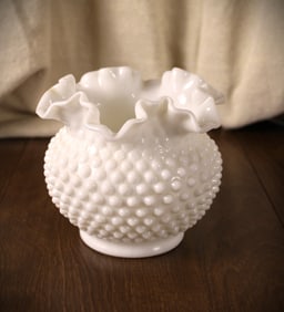 Vintage Fenton Hobnail Milk Glass Vase Crimped Ruffle Rim