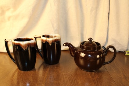 Brown Betty Teapot and Drip Glaze Mugs