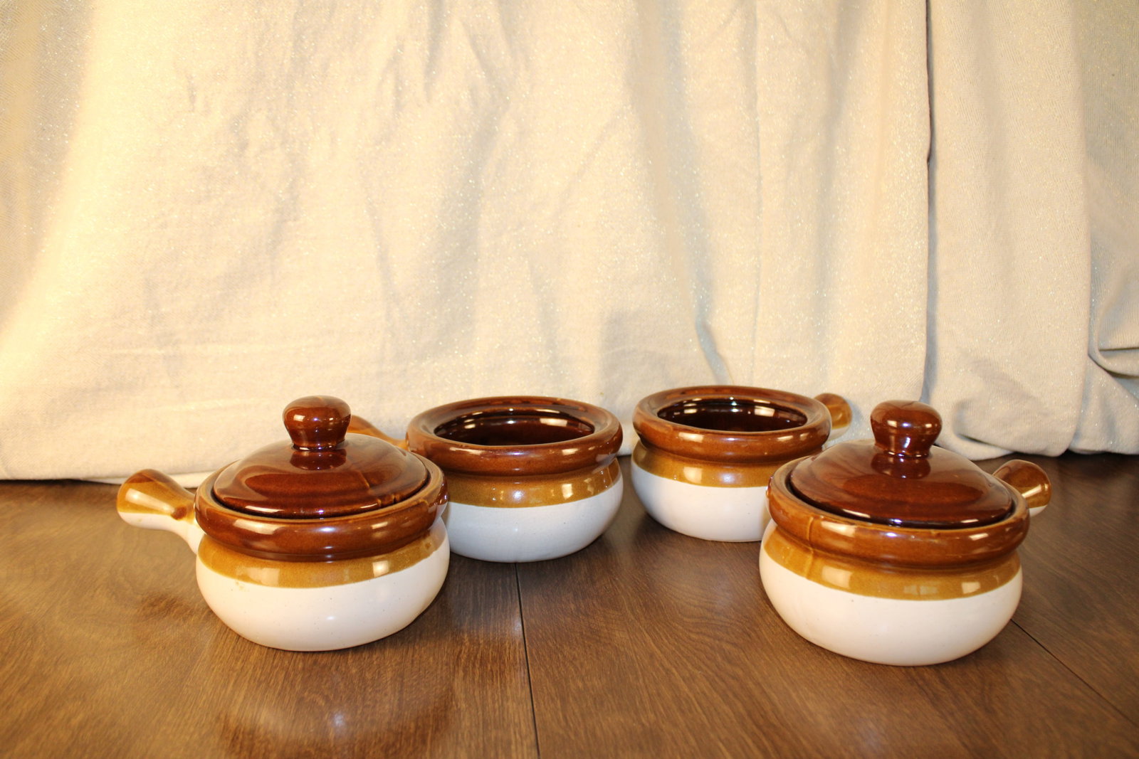 Stackable Soup Tureens Earthenware: Stackable Soup Tureens Earthenware In very good pre-owned condition, two with intact lids, small crack on one lid and some natural color variations in the glaze see photos