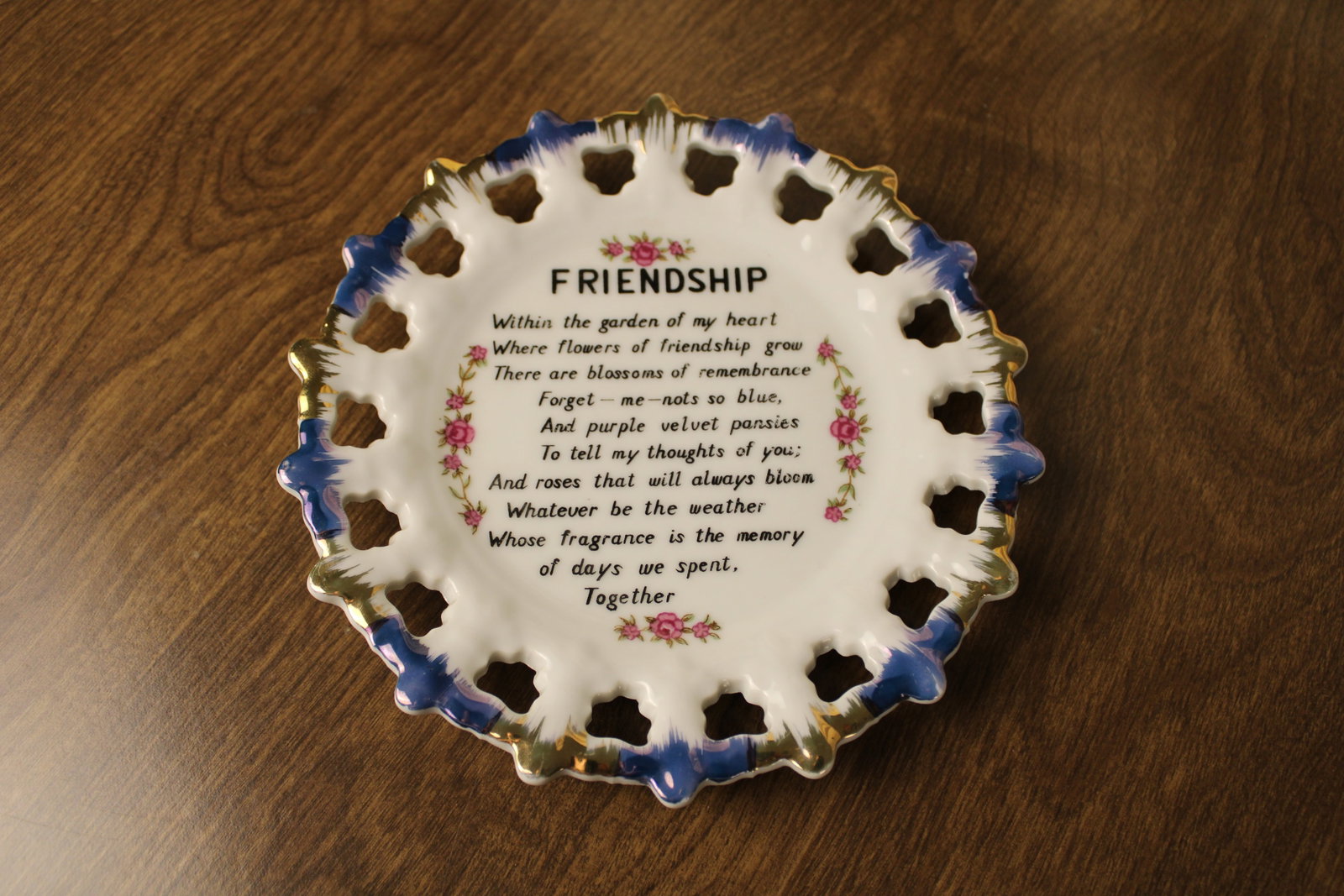 Vintage Display Plates Friendship and Lord's Prayer: Vintage Display Plates Friendship and Lord's Prayer Set of 2 numbered China Plates made in Japan labled Brinn’s in Pittsburgh PA Ornately detailed pink and gold trim Lord’s Prayer with floral moti