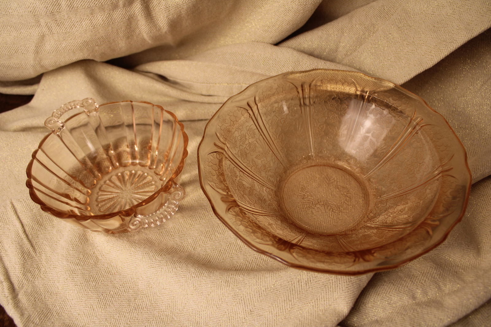 Jeannette Glass Pink Cherry Blossom Round Berry Bowl and Fluorescent Pink Depression Glass (1 of 4)
