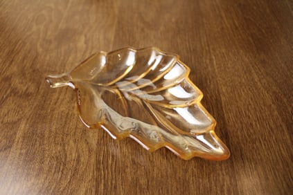 Indiana Glass Luster Marigold Carnival Glass Leaf Candy Dish