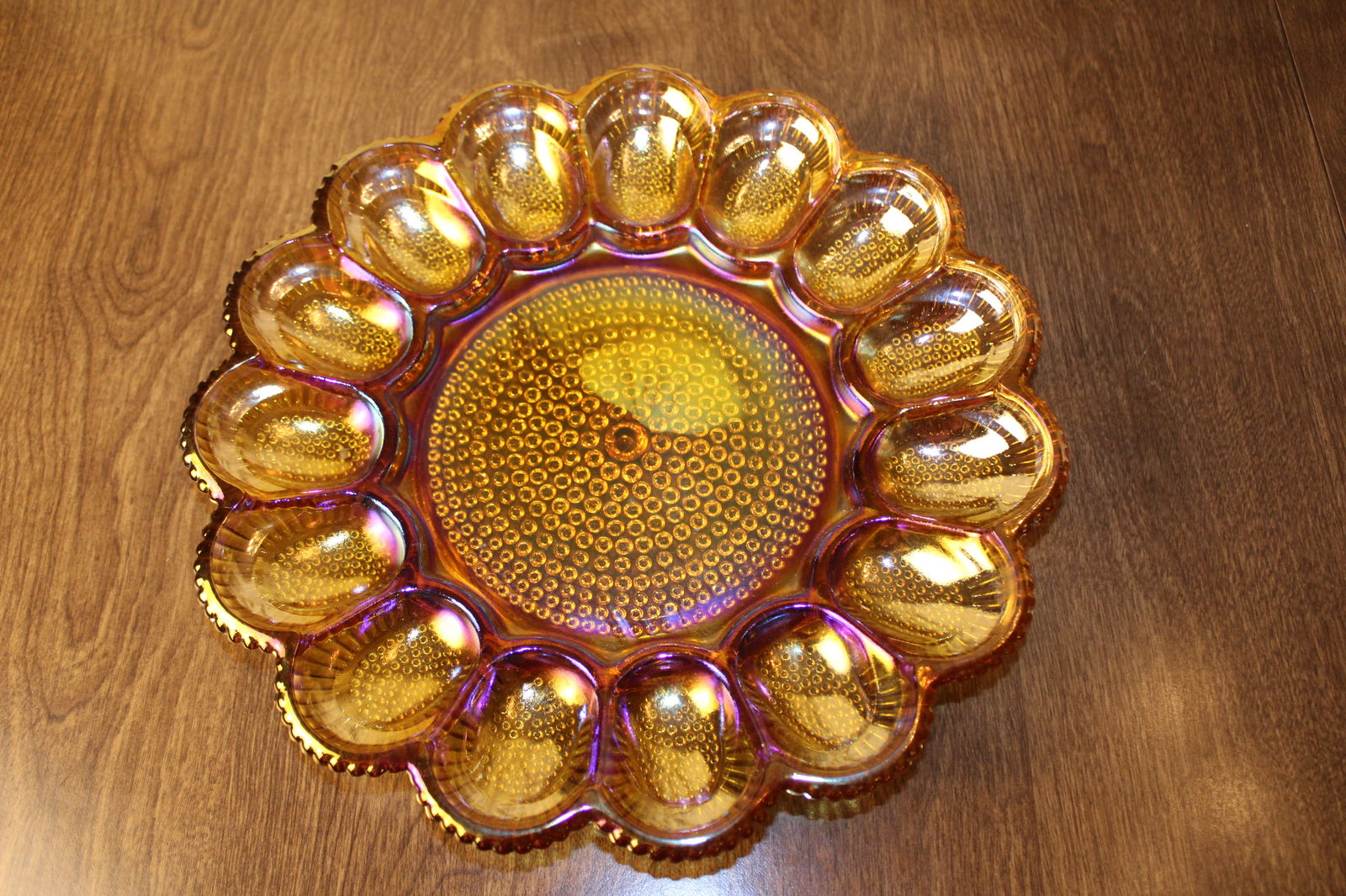 Indiana Glass Carnival Glass Egg Plate Hobnail Edge