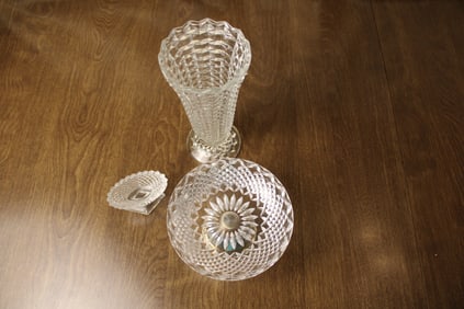 Indiana Glass Diamond Cut Trio Trumpet Vase Compote and Vessel