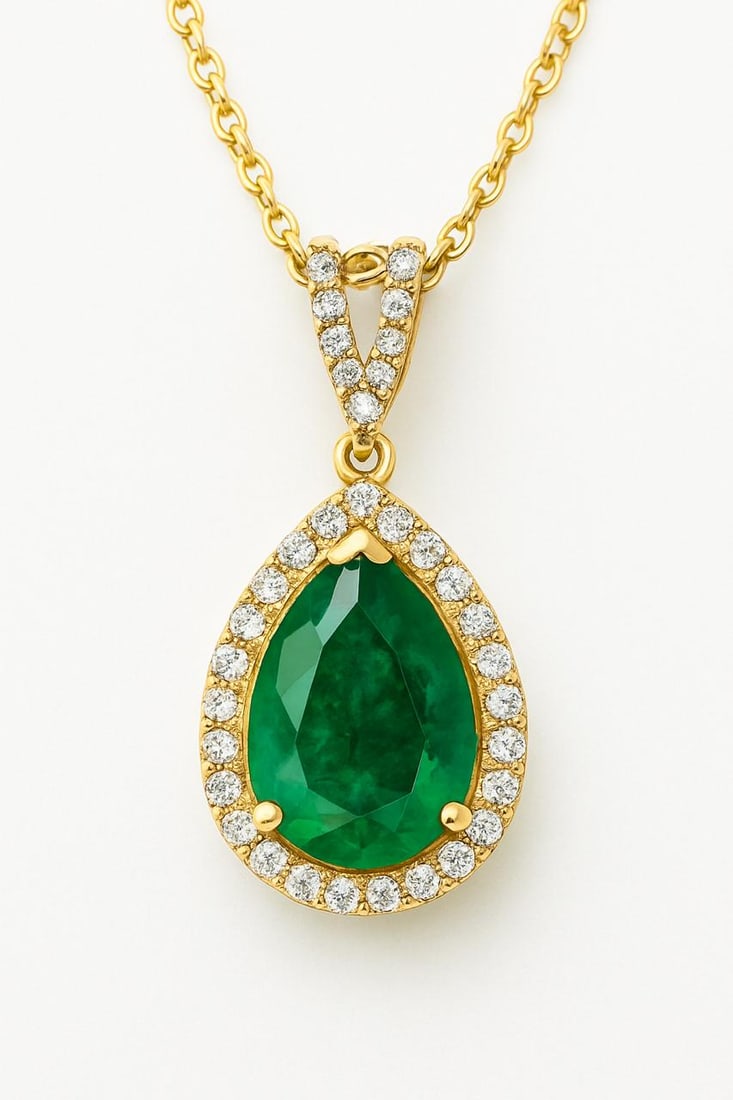 7.50 CT Lab Grown Pear Emerald Halo Pendant in 14K Yellow Gold: Elegant 7.50 carat lab grown pear-cut emerald, surrounded by a shimmering halo of lab grown round diamonds. Crafted in 14K yellow gold with a polished finish, this pendant showcases timeless elegance