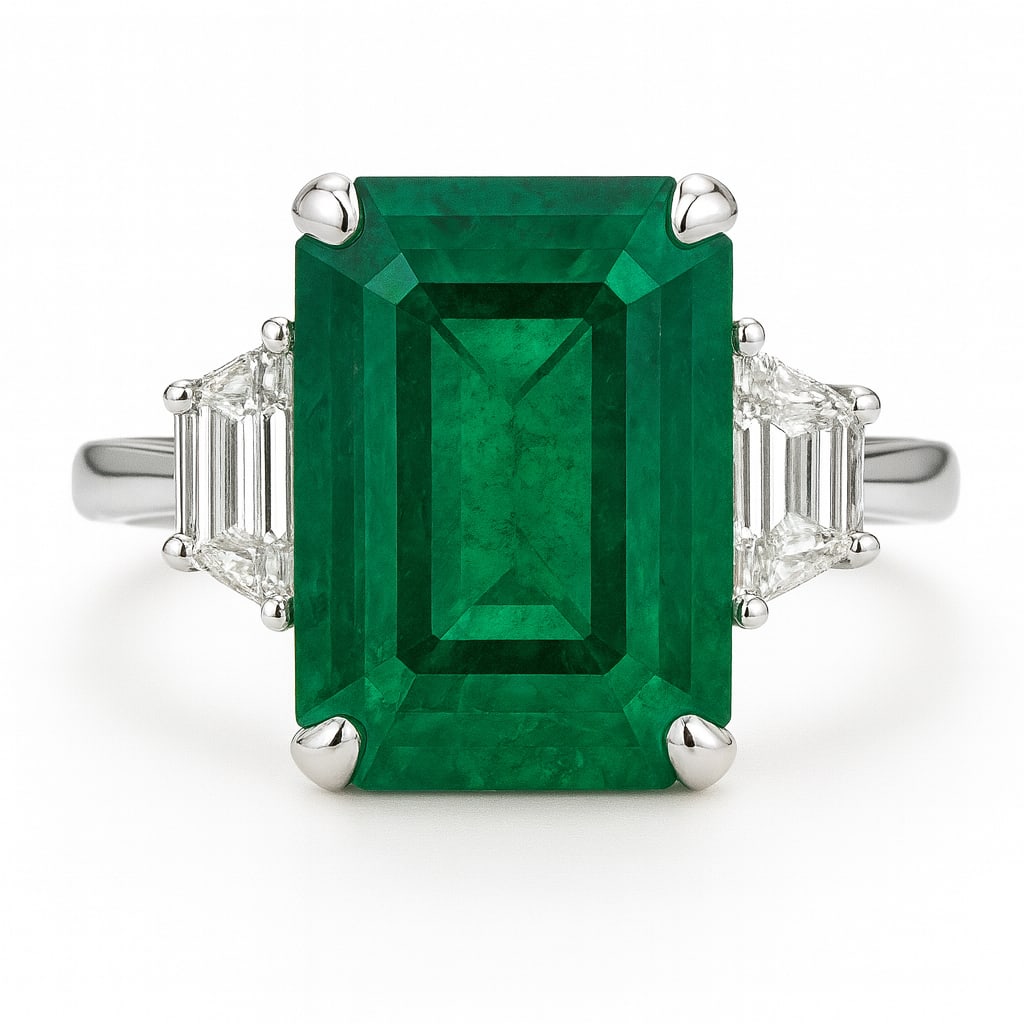 15.00 CT Emerald Cut Lab Grown Emerald Ring with Lab Grown Diamond Side Stones in 14K White Gold (1 of 2)