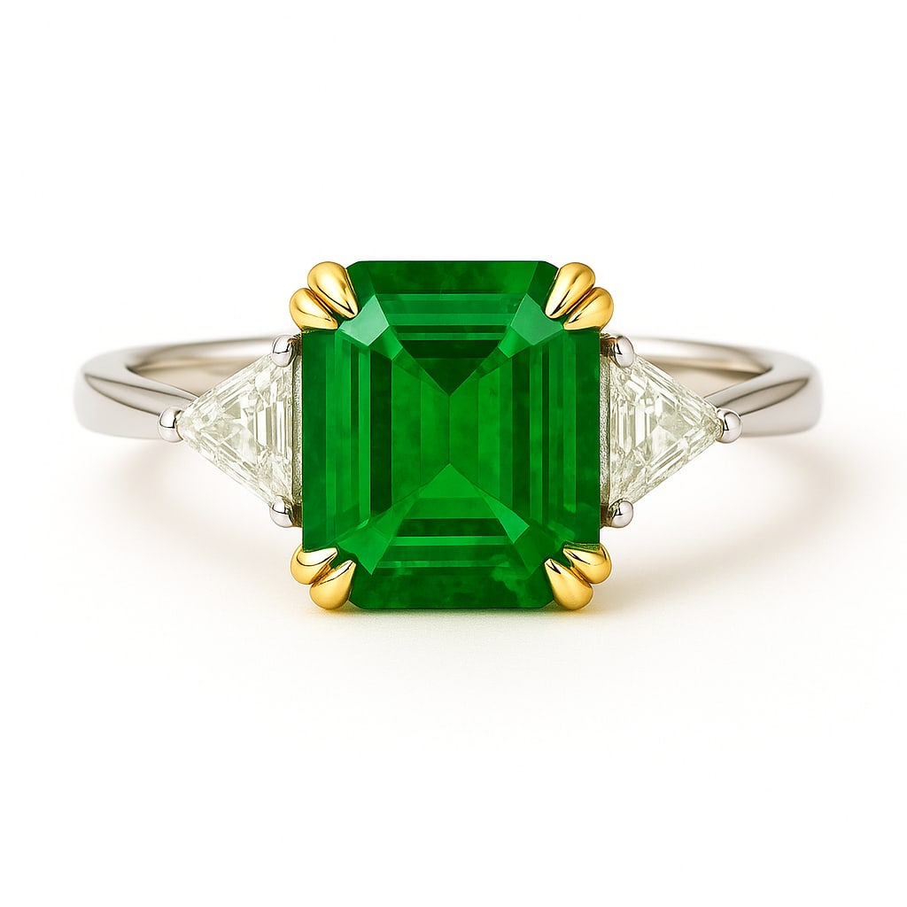 10.00 CT Emerald Cut Lab Grown Emerald Ring with Lab Grown Diamond Side Stones in 14K Two-Tone Gold (1 of 2)