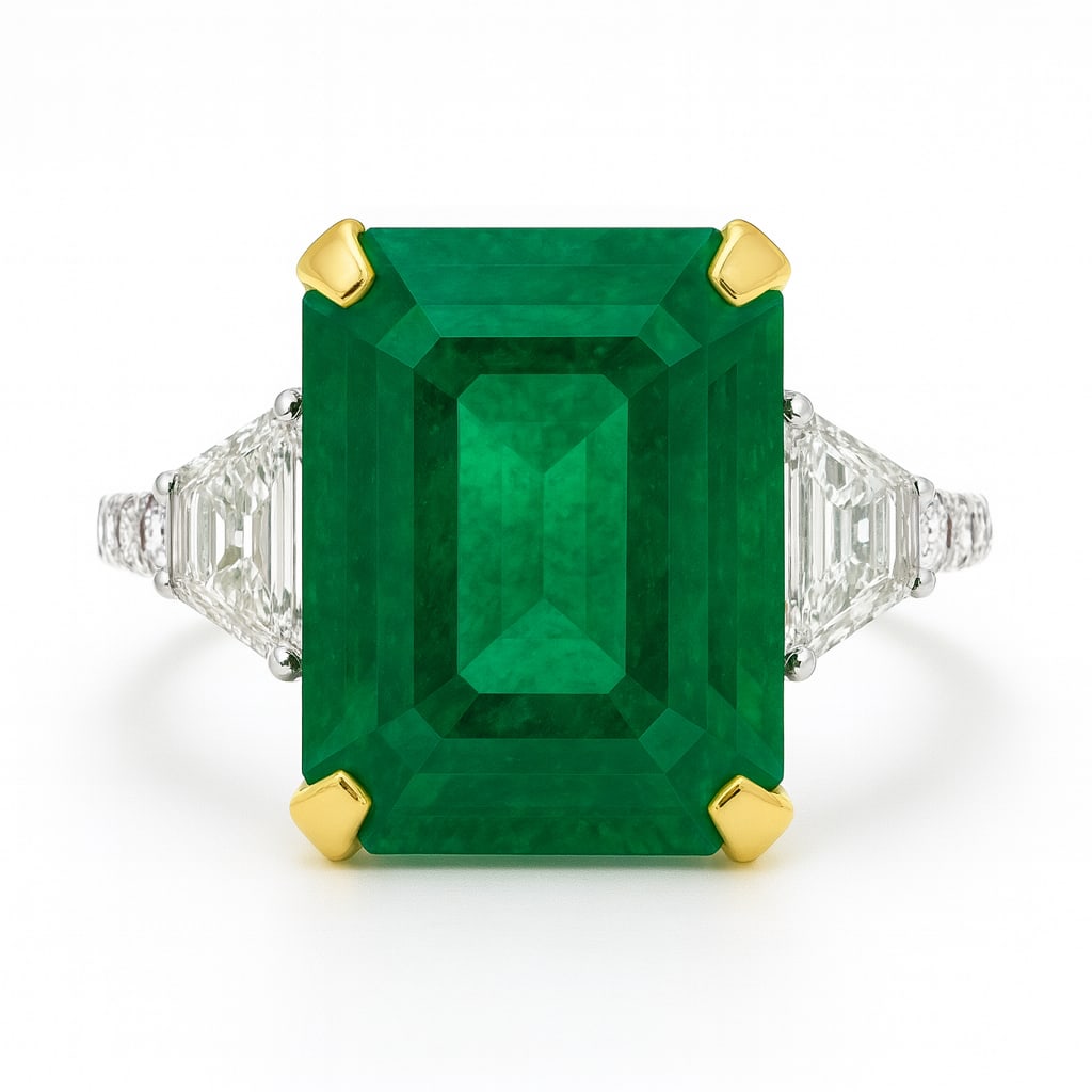 20.00 CT Emerald Cut Lab Grown Emerald Ring with Lab Grown Diamond Side Stones in 14K Two-Tone Gold (1 of 2)