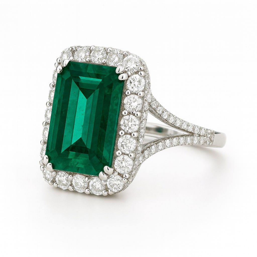 15.00 CT Emerald Cut Lab Grown Emerald Halo Ring with Lab Grown Diamond Accents in 14K White Gold (1 of 2)