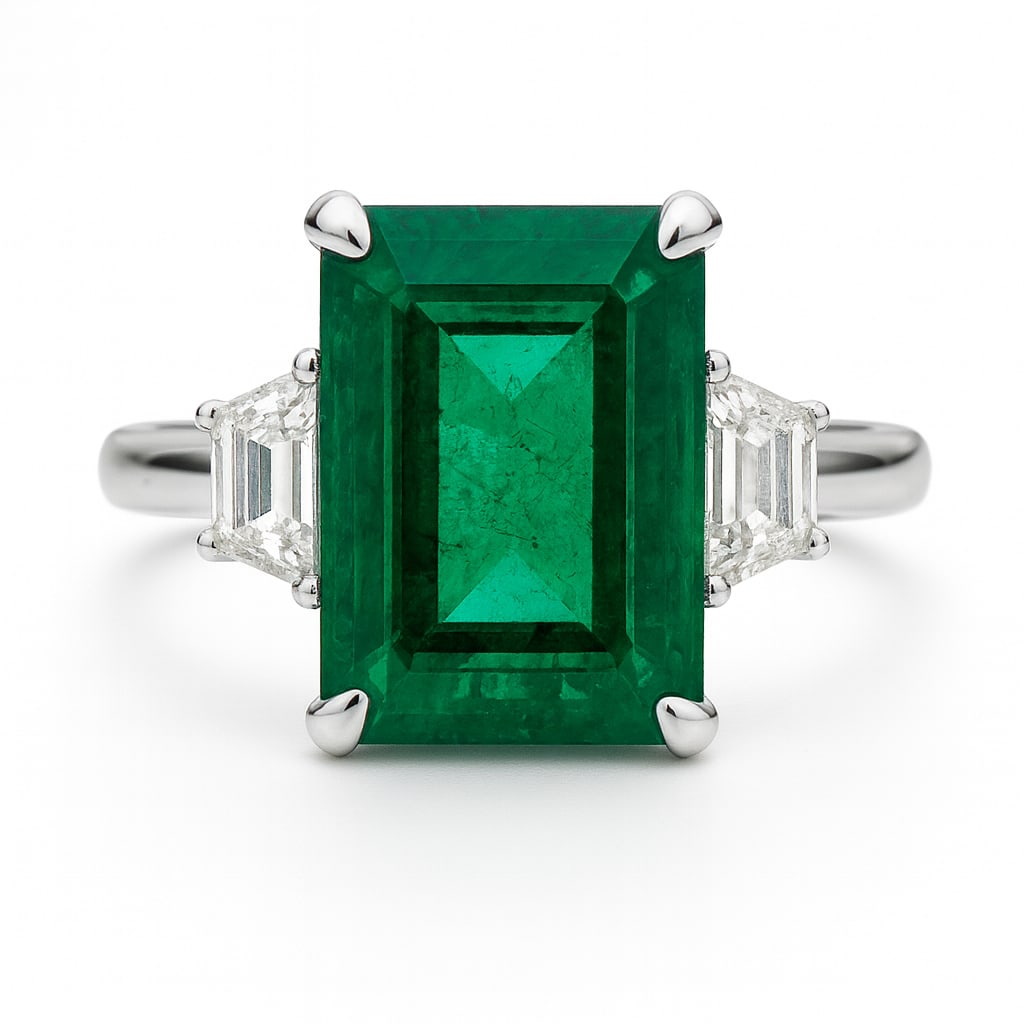 10.00 CT Emerald Cut Lab Grown Emerald Three-Stone Ring with Lab Grown Diamond Side Stones in 14K (1 of 2)
