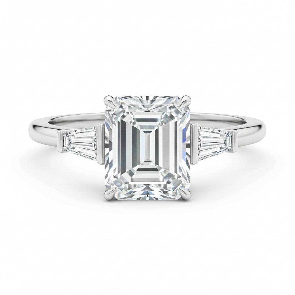 1.7 CT Natural Emerald-Cut Diamond Three-Stone Ring in 14K White Gold, Elegant Diamond Side Stones, (1 of 3)