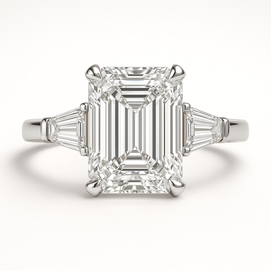 1.5 CT Natural Emerald-Cut Diamond Three-Stone Ring in 14K White Gold, Elegant Diamond Side Stones, (1 of 3)