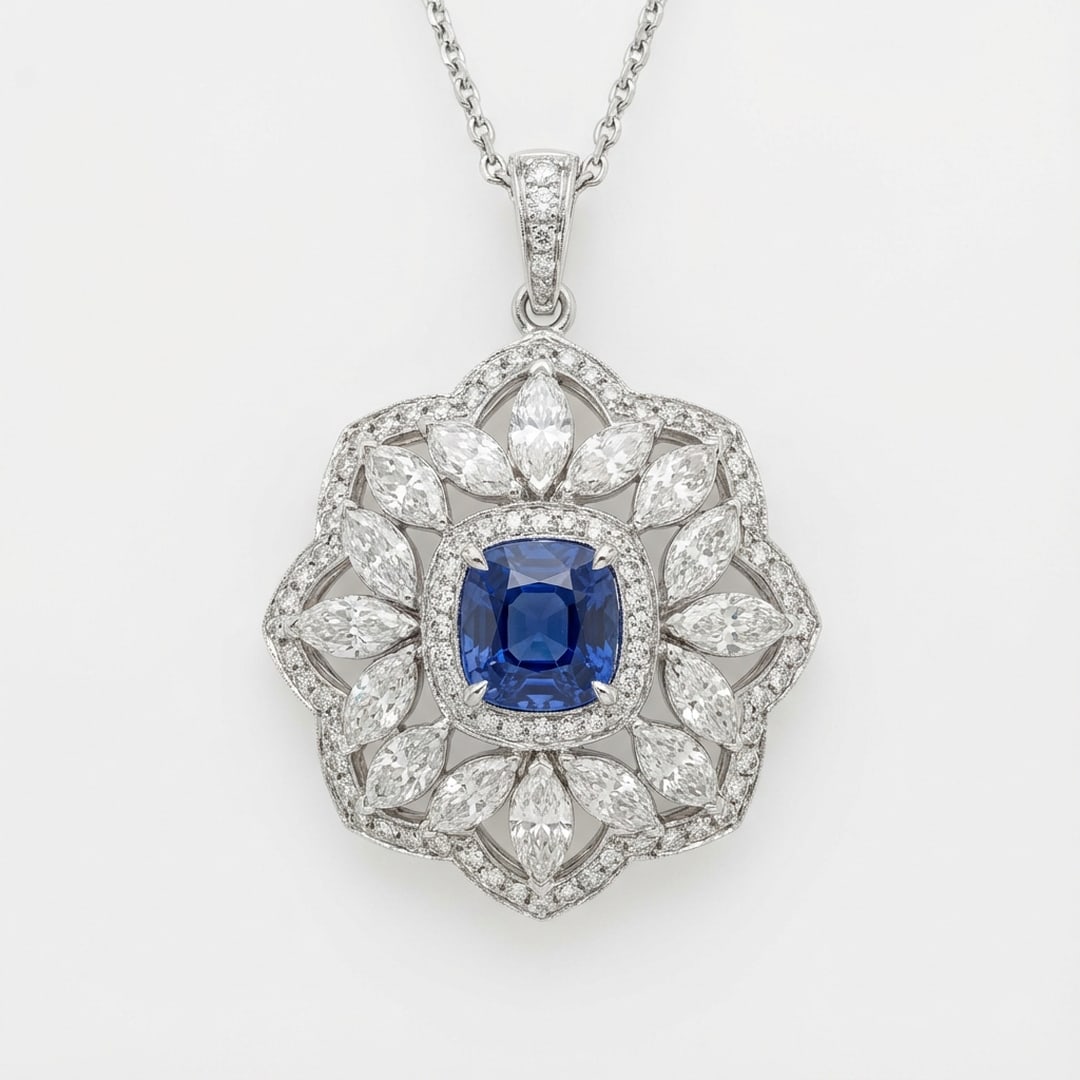 Certified 2.0 Ct Cushion Natural Tanzanite 14K White Gold Floral Halo Pendant: This certified fine jewelry piece features a 2.0 carat natural Tanzanite in a Cushion cut, crafted in 14K White Gold. The Floral Halo Pendant design highlights the beauty of the natural center stone.