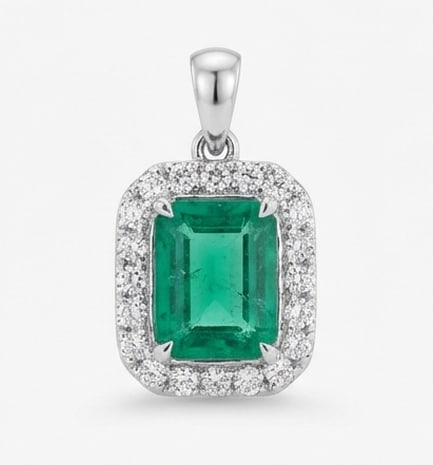 Certified 2.5 Ct Emerald Natural Emerald 14K White Gold Halo Pendant: This certified fine jewelry piece features a 2.5 carat natural Emerald in a Emerald cut, crafted in 14K White Gold. The Halo Pendant design highlights the beauty of the natural center stone. It is acc