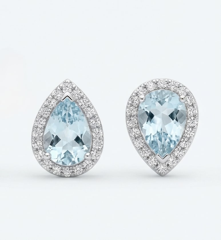 Certified 2.0 Ct Pear Natural (Pair) 14K White Gold Halo Stud Earrings (1 of 2)