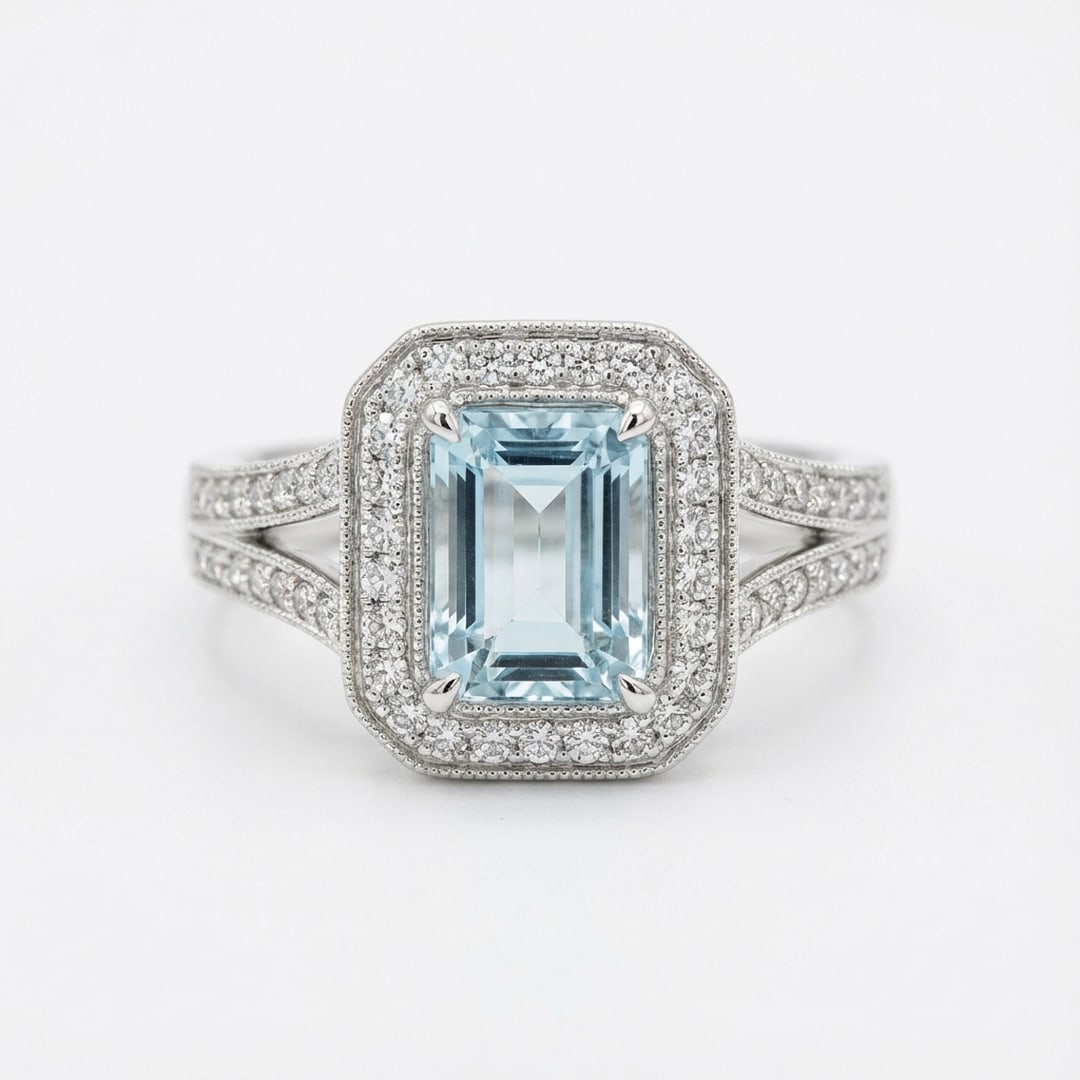 Certified 2.0 Ct Emerald Natural Aquamarine 14K White Gold Halo Setting with Split Shank Ring: This certified fine jewelry piece features a 2.0 carat natural Aquamarine in a Emerald cut, crafted in 14K White Gold. The Halo Setting with Split Shank design highlights the beauty of the natural cen