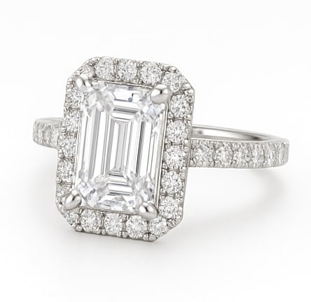 10 CT Emerald-Cut lab-grown diamond Diamond Halo Engagement Ring in 14K White Gold: **Center Stone:** 10.00 Carat Emerald-Cut lab-grown diamond Diamond, E–F Color, VVS1–VS2 Clarity. **Setting:** Halo with round pavé diamonds. **Band:** Pavé-set diamond band in 14K white gold. *