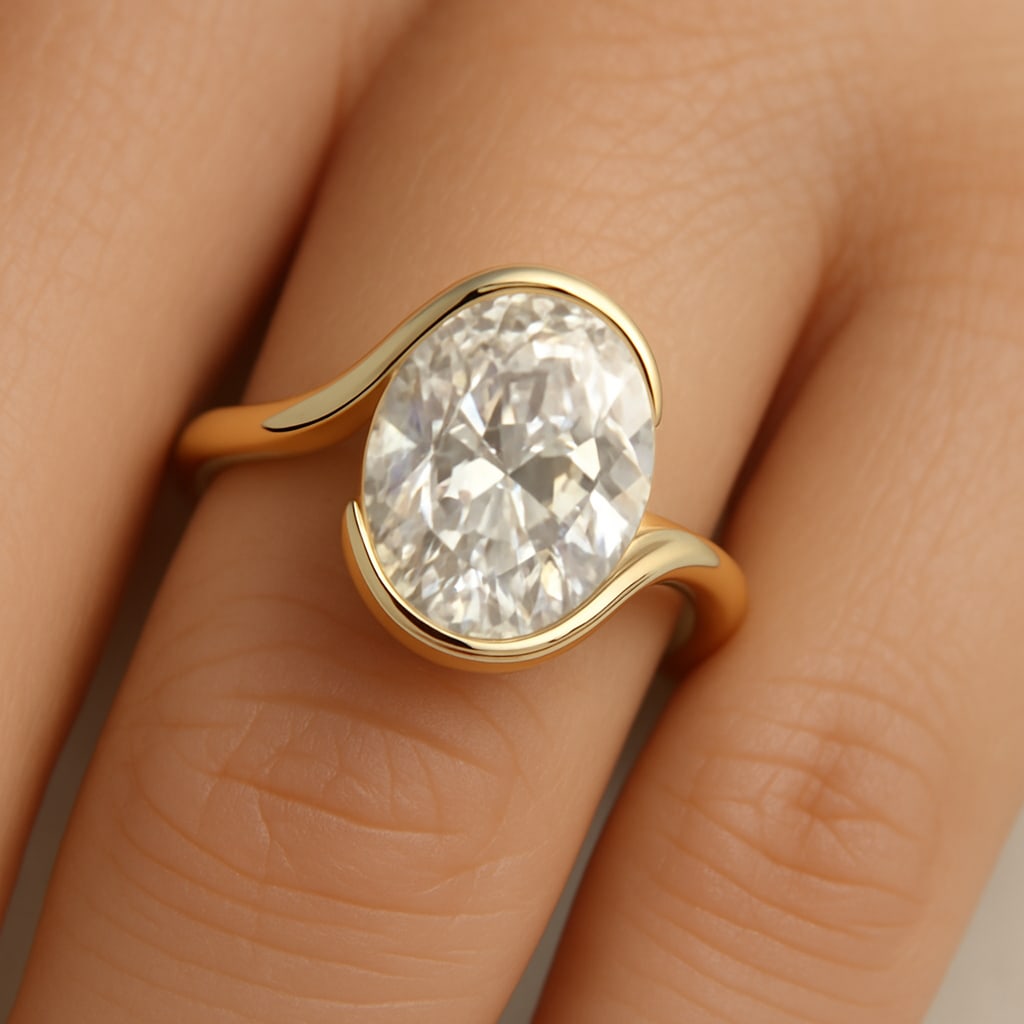 5.00 CT Cushion lab-grown diamond Diamond Modern Bezel Engagement Ring in 14K Yellow Gold: This modern engagement ring showcases a 5.00 carat cushion-shaped lab-grown diamond diamond wrapped in a sleek partial bezel-style setting that flows seamlessly into a polished 14K yellow gold band. T