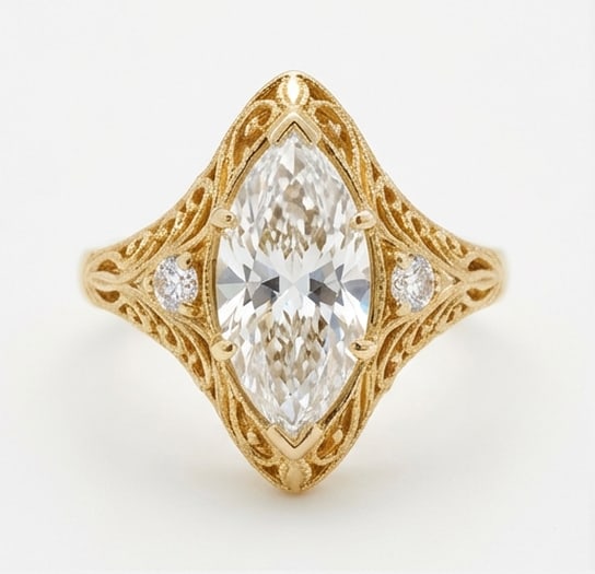 Vintage 4.00 CT Marquise Lab Grown Diamond Filigree Ring 14K Yellow Gold: Center Stone: Lab Grown DiamondShape: Marquise CutCarat Weight: 4.00 CT (Approx.)Color: E–FClarity: VVS1–VS1Side Stones: Lab Grown Round DiamondsMetal: 14K Yellow GoldSetting: Vintage Filigree wit
