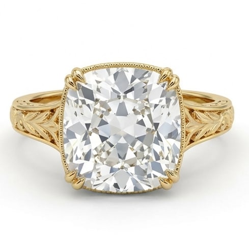 7.50 CT Cushion Lab Grown Diamond Vintage Ring 14K Yellow Gold: Center Stone: Lab Grown DiamondShape: Cushion CutCarat Weight: 7.50 CT (Approx.)Color: E–FClarity: VVS1–VS1Side Stones: NoneMetal: 14K Yellow GoldSetting: Vintage Inspired Solitaire with Milgrain