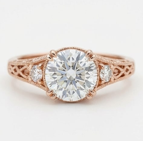 4.00 CT Round Lab Grown Diamond Vintage Ring 14K Rose Gold: Center Stone: Lab Grown DiamondShape: Round Brilliant CutCarat Weight: 4.00 CT (Approx.)Color: E–FClarity: VVS1–VS1Side Stones: Lab Grown Round DiamondsMetal: 14K Rose GoldSetting: Vintage Inspire